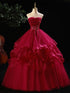 Wine Red Tulle A-line Beaded Straps Evening Dress, Wine Red Tulle Long Prom Dress